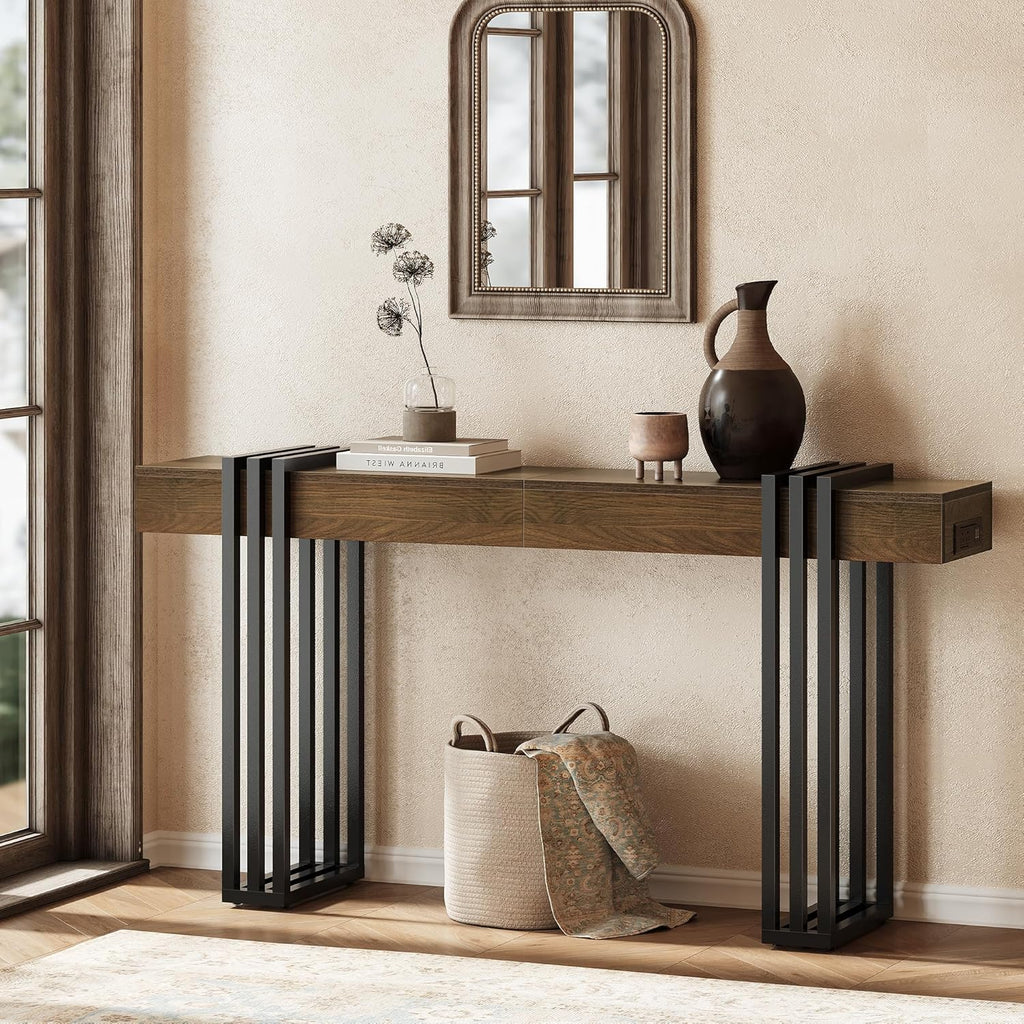 63" Long Console Table for Entryway - Behind Couch Table for Living Room, Wood Sofa Tables with Black Parallel Metal Frame & Power Outlet for Hallway, Entrance, Narrow Foyer, Walnut