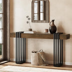 63" Long Console Table for Entryway - Behind Couch Table for Living Room, Wood Sofa Tables with Black Parallel Metal Frame & Power Outlet for Hallway, Entrance, Narrow Foyer, Walnut