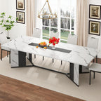 chartustriable Dining Table for 8-10 People,94" Large Modern Kitchen Table W/Built-in Table Runner Design,White&Black Industrial Rectangular Dinner Table,Waterproof Wood Table Sturdy Base,280lbs Load