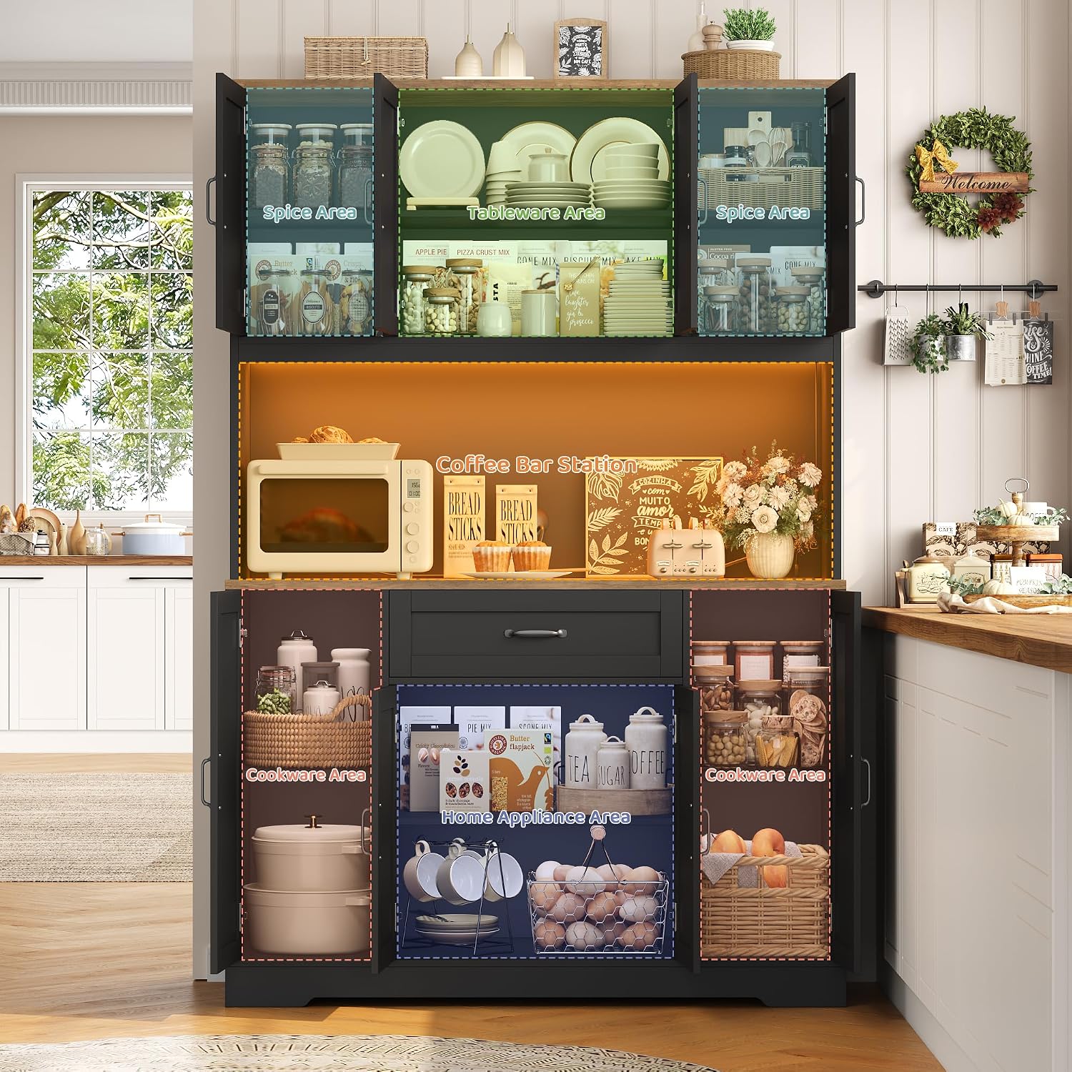 HITHOS 70" LED Kitchen Pantry Cabinet with Charging Station, 47" Wide Pantry Storage Cabinet with Large Microwave Stand, Modern Kitchen Hutch with Drawers for Dining Room, Black
