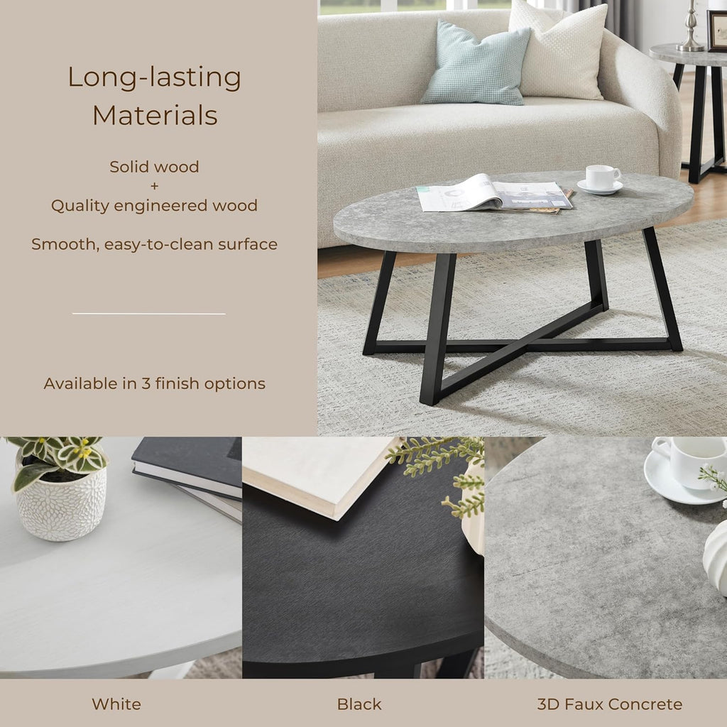 Polay Coffee Table Set 3-Piece Oval Wood with 2 Round End Tables | Modern 3-piece set with durable MDF tops and solid rubberwood legs. Oval coffee table plus two round end tables for a co