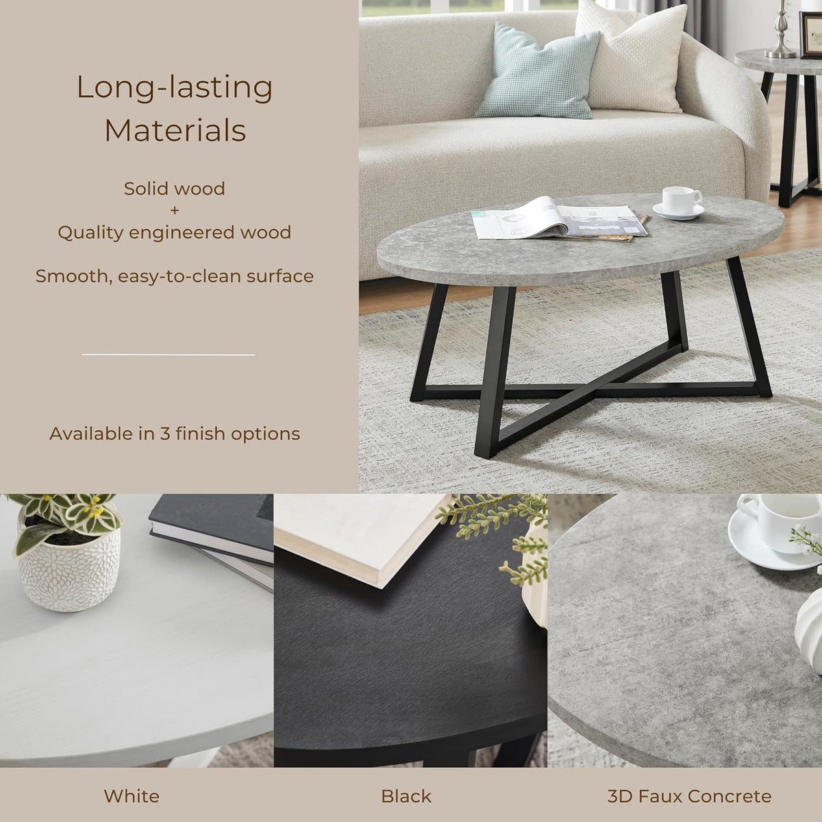 Polay Coffee Table Set 3-Piece Oval Wood with 2 Round End Tables | Modern 3-piece set with durable MDF tops and solid rubberwood legs. Oval coffee table plus two round end tables for a co