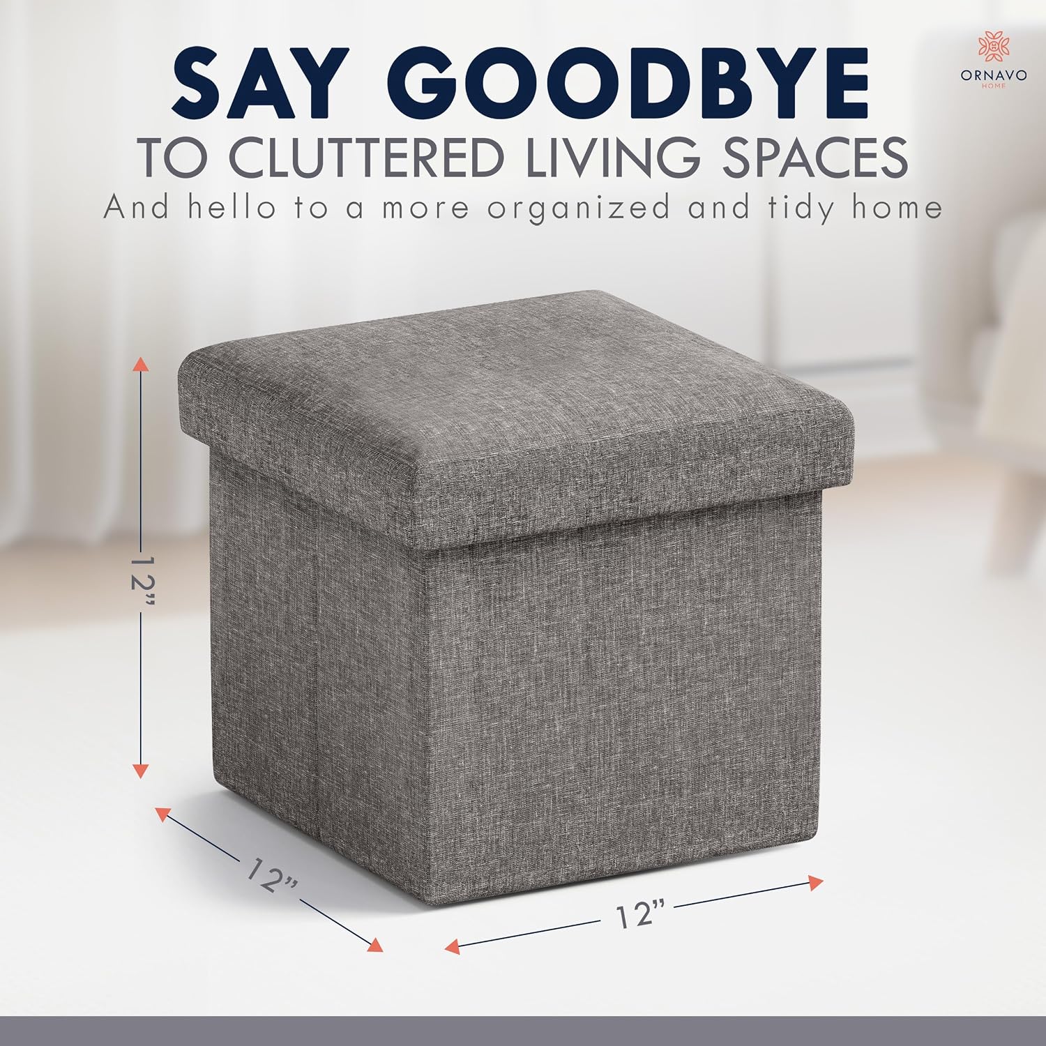 Ornavo Home Small Storage Ottoman Foldable Collapsible Cube Square Linen Ottoman Foot Rest Stool Seat, for Living Room, Bedroom, Home Office, Dorm - 12 x 12 x 12, Dark Gray