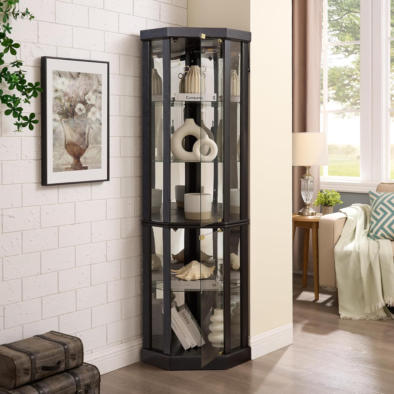 Lighted Corner Curio Cabinet - Elegant Glass Display Case for Living Room & Bar Storage - Perfect for Antique Collections & Wine - Includes Built-in Lighting - Black