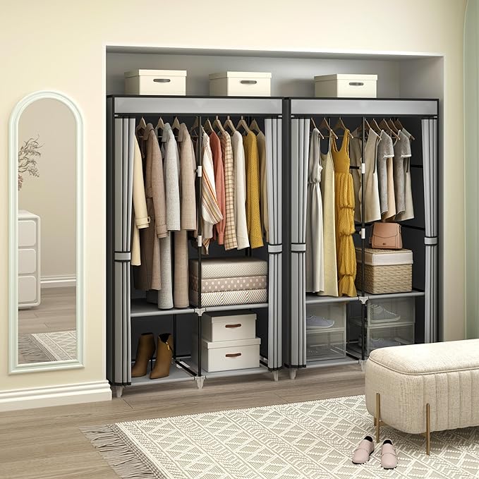 Portable Closet Wardrobe for Small Room, 35-Inch Clothing Organizer Storage Rack with 2 Clothes Hanging Rods and 4 Shelves, Non-Woven Fabric Cover, Grey