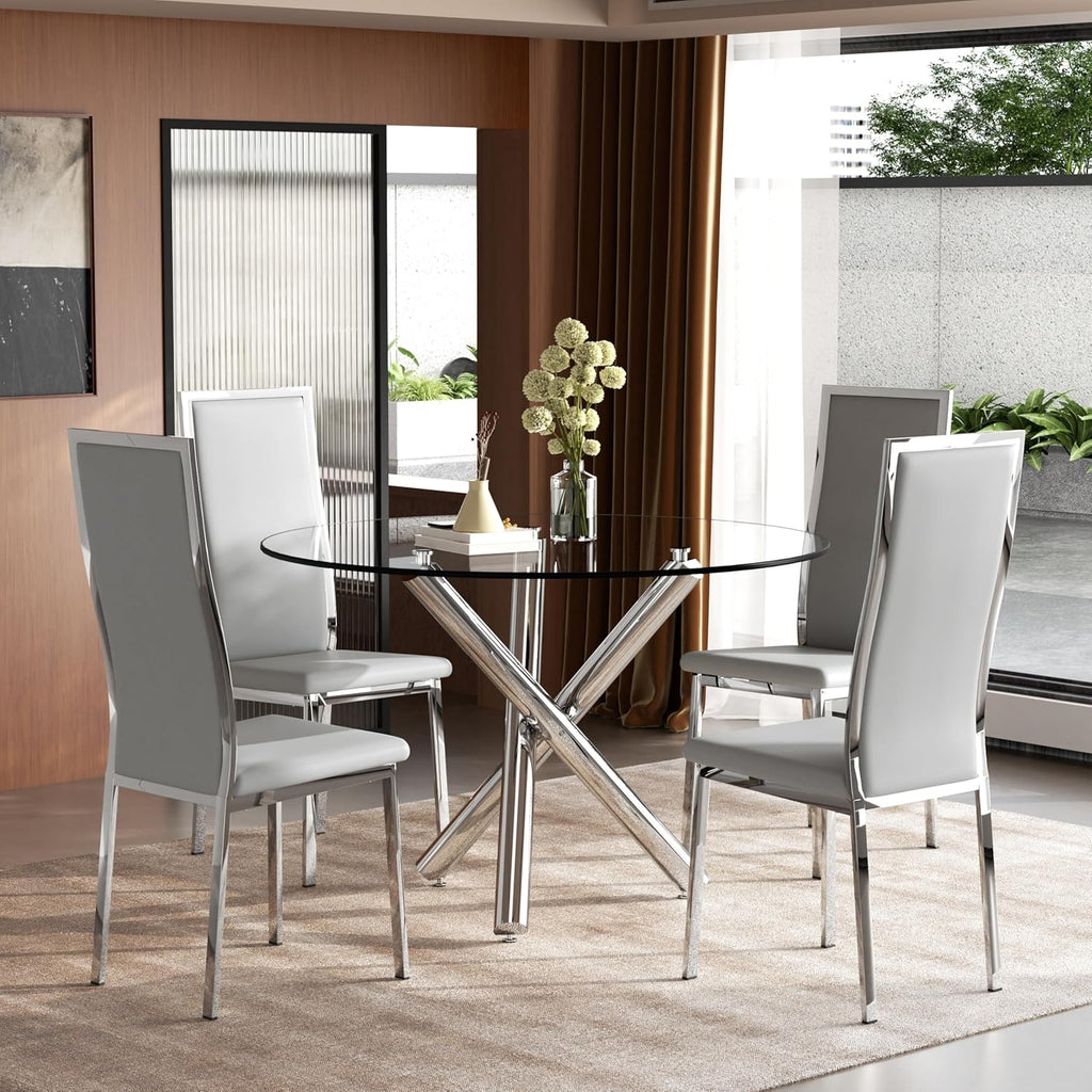 5-Piece Luxury Round Glass Dining Table Set, 39'' Modern Tempered Glass Kitchen Table Set Silver Base & 4 Grey Silver High-End Dining Chairs, Contemporary Circle Dinette Table Set of 4