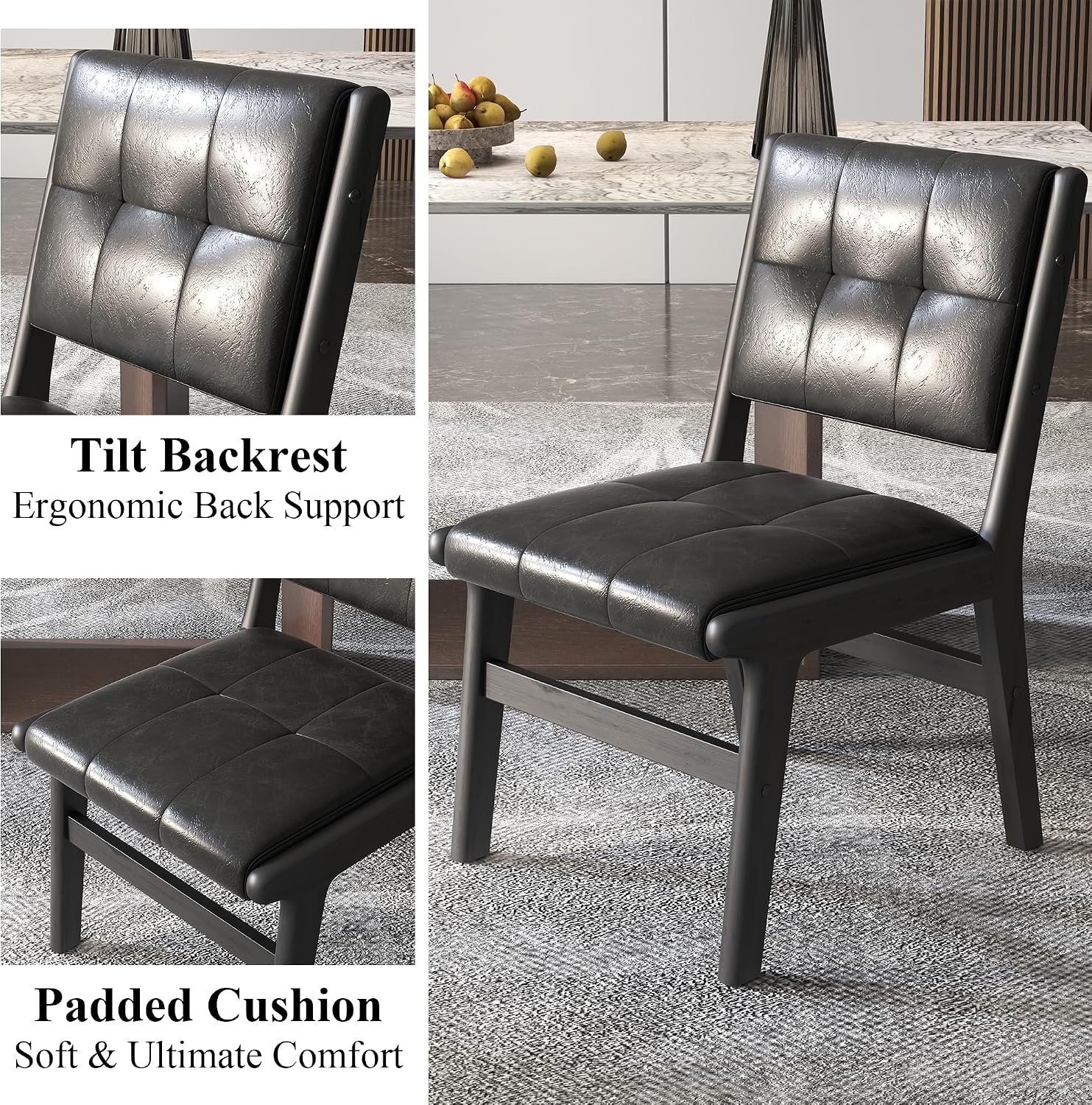 civama Faux Leather Dining Chairs Set of 6, Dining Room Armless Kitchen Chairs with Comfy Back, Solid Wood Frame & Upholstered Cushion for Living Room, Cafe and Restaurant, Black