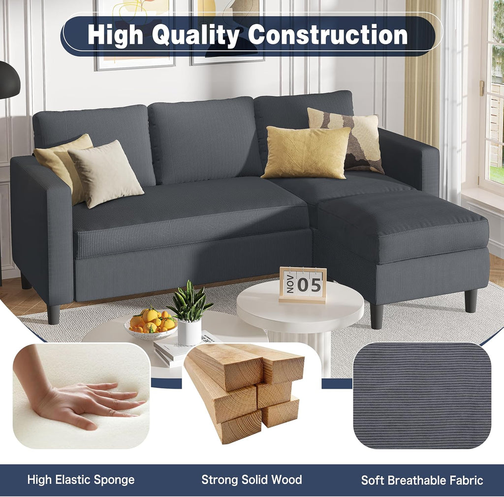 Shintenchi Small Convertible Sectional Couch with Movable Ottoman, 3 Seat L Shaped Sofa with Corduroy, Upholstered Sectional Sofa, Small Couches for Living Room, Apartments, Office (Dark Grey)