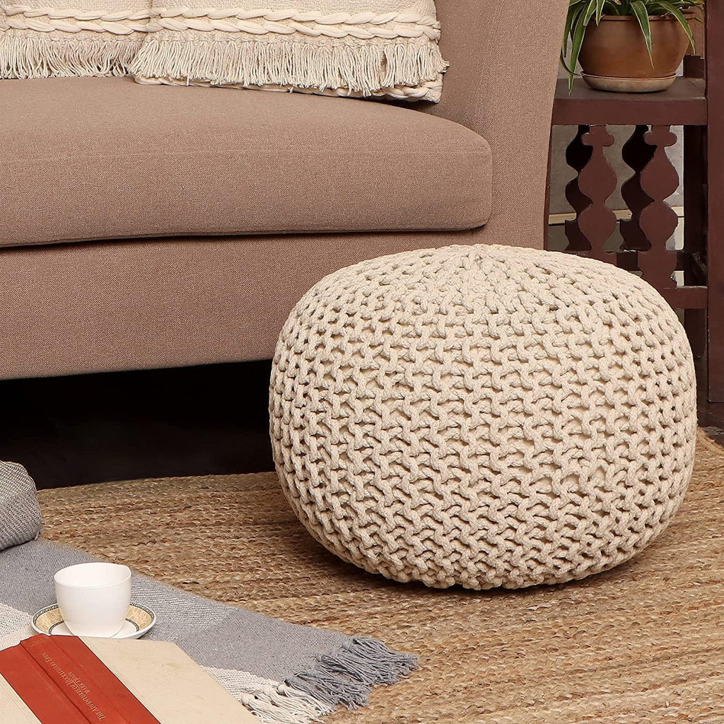 · REDEARTH · Round Pouf Ottoman - Hand Knitted Boho Poof Footrest - Ivory
