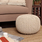 · REDEARTH · Round Pouf Ottoman - Hand Knitted Boho Poof Footrest - Ivory