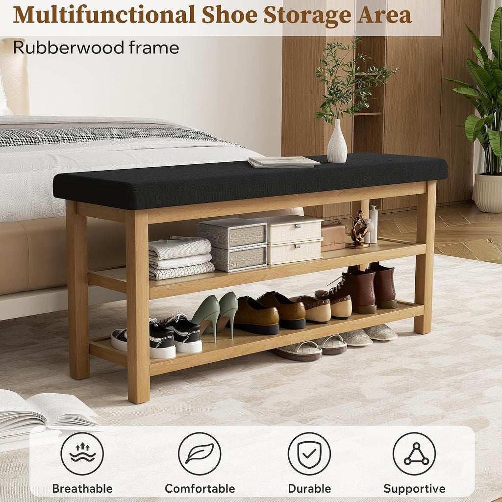 2 Tier Shoe Rack Bench with Cushion, Rubberwood Shoe Benches, Mid-Century Modern Shoe Storage Bench for Entryway, Hallway, Living Room, Closet, Front Door Entrance, Black