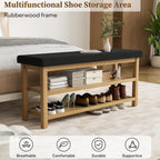 2 Tier Shoe Rack Bench with Cushion, Rubberwood Shoe Benches, Mid-Century Modern Shoe Storage Bench for Entryway, Hallway, Living Room, Closet, Front Door Entrance, Black