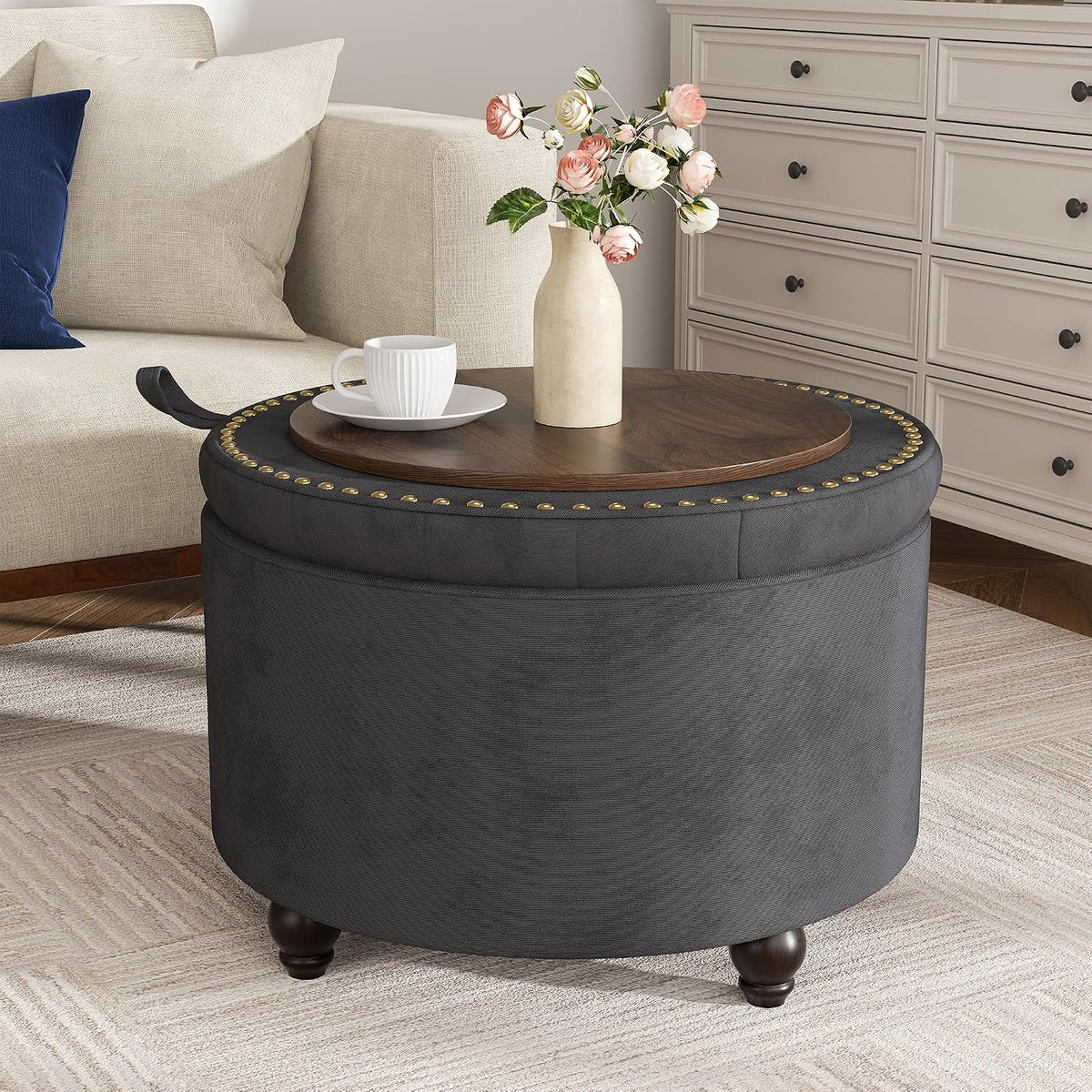 24 Inch Round Storage Ottoman,Modern Tufted Ottomans,Circular Coffee Table with Removable Top,Upholstered Large Ottoman with Storage Footrest Stool for Bedroom Living Room (Darkgrey)