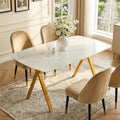 Meihua 51.2'' Dining Table with White Marble Pattern Tempered Glass Top, Sleek Metal Legs Stable Frame Dinner Table for 4-6 Persons, Luxury Kitchen Table for Home, Apartment & Office