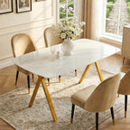Meihua 51.2'' Dining Table with White Marble Pattern Tempered Glass Top, Sleek Metal Legs Stable Frame Dinner Table for 4-6 Persons, Luxury Kitchen Table for Home, Apartment & Office