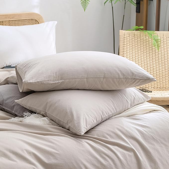 BESTOUCH Duvet Cover Set 100% Washed Cotton Linen Feel Super Soft Comfortable Chic Lightweight 3 PCs Home Bedding Set Solid Linen Grey Oversized King