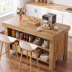 Tribesigns 55" Kitchen Island with Storage & Seating (Natural Brown | Farmhouse Wooden Island with Stationary Worktop, Open Shelves, and Legroom, Dining Prep Station for Home Kitchen