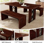 HIPIHOM 3-Piece Dining Table Set for 6 People, Walnut Table with 2 Benches | Thick MDF Tabletop, Rectangle Kitchen Table Set with Metal Legs for Breakfast Nook, Dining Room, Kitchen, Apartment