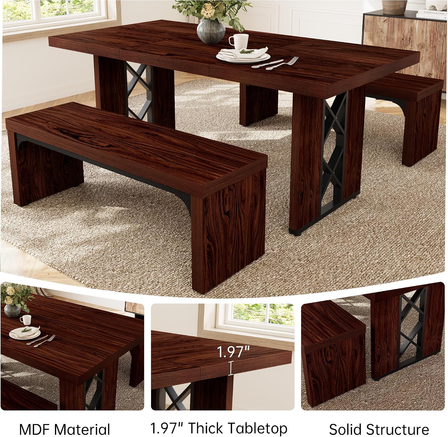 HIPIHOM 3-Piece Dining Table Set for 6 People, Walnut Table with 2 Benches | Thick MDF Tabletop, Rectangle Kitchen Table Set with Metal Legs for Breakfast Nook, Dining Room, Kitchen, Apartment