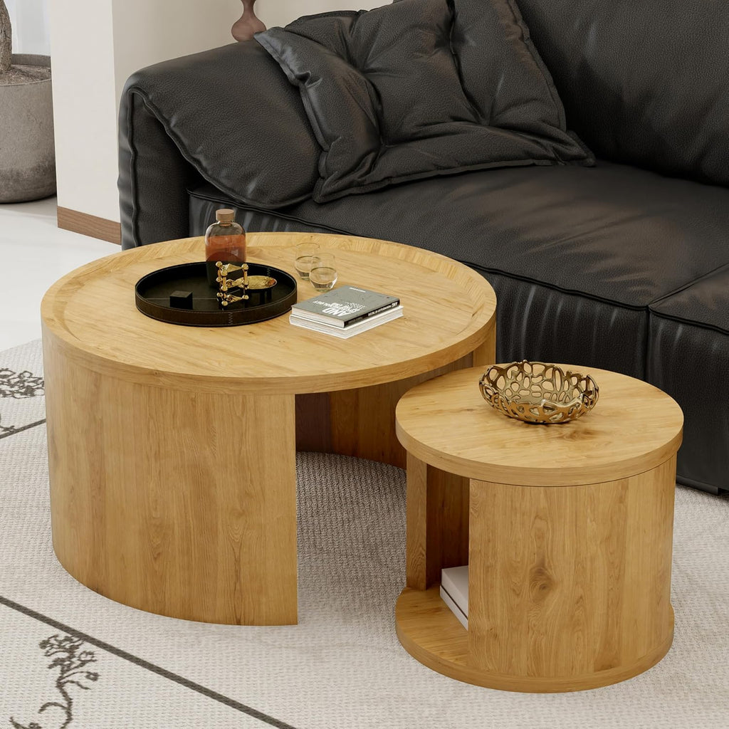 32" Anti-Slip Nesting Tables, Nesting Side Tables with Smooth Wood top, Nesting Coffee Tables with Minimalist Aesthetic for Modern Interior Home Spaces, Natural Wood