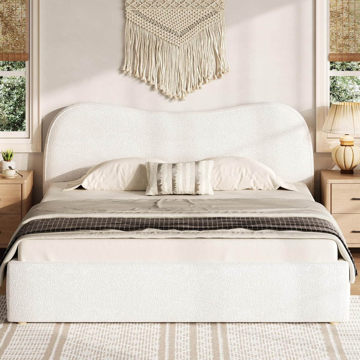 SOFTSEA Queen Size Cloud Bed Frame with Headboard, Boucle Upholstered Platform Bed Frame with Soft Rounded Corners, Wood Slat Support, No Box Spring Needed, Noise-Free, White
