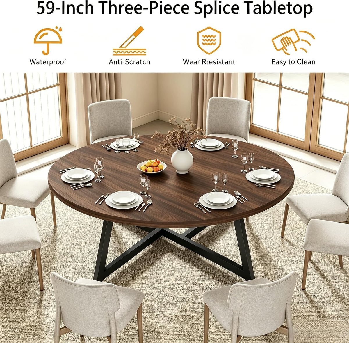 Large Round Dining Table for 6-8, Wooden Dinner Table with Heavy Duty Metal Pedestal Base (Dark Brown)
