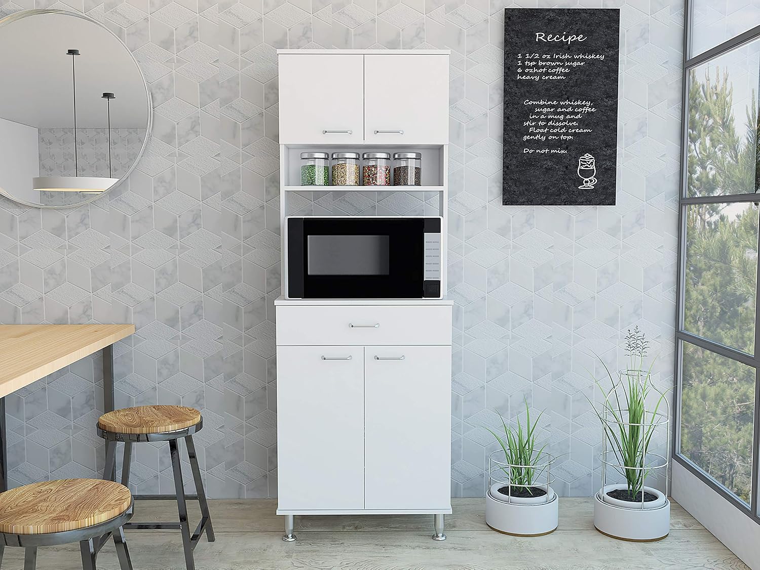 Della 60 Kitchen Pantry with Countertop, Closed & Open Storage -White
