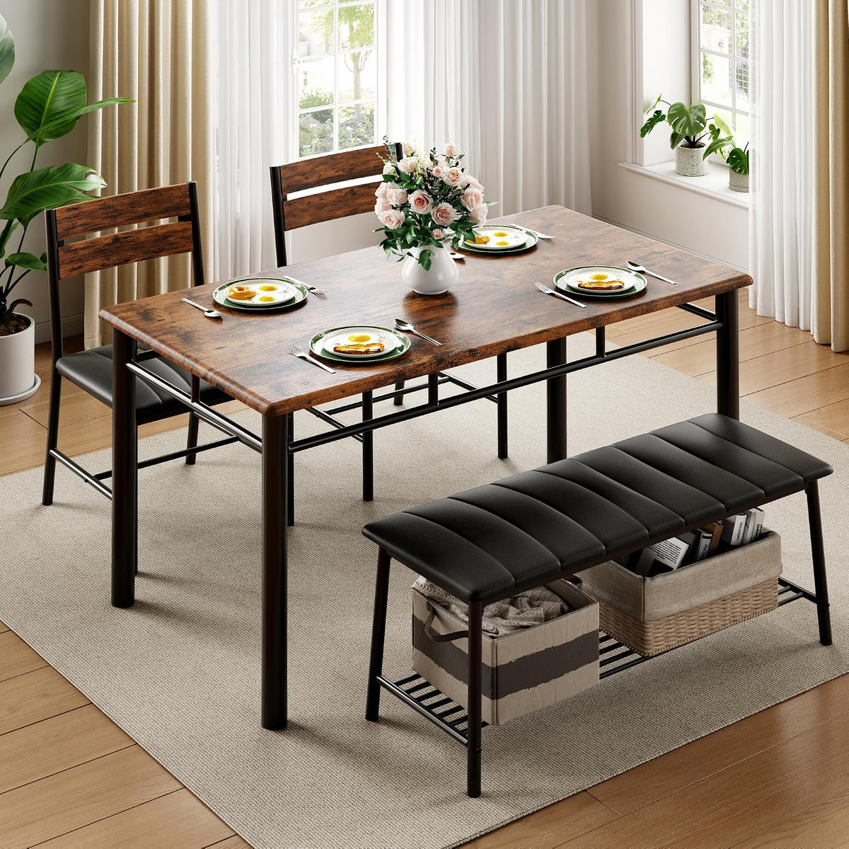 IRONCK Dining Table Set for 4, Kitchen Table and Chairs Set, Rustic Brown | Kitchen Table with Upholstered Bench and 2 Chairs for Small Space, Apartment