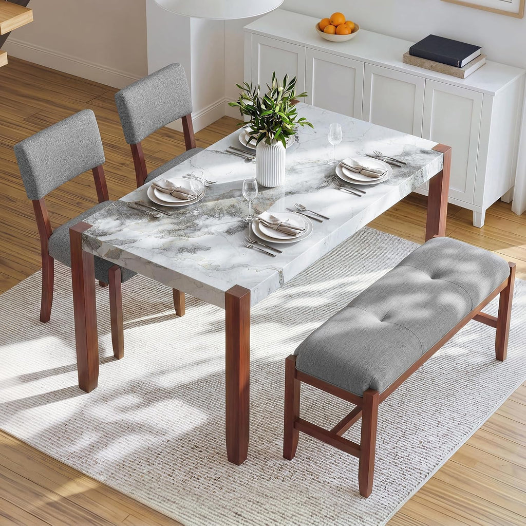 Merax 4 Piece Dining Table Set, Faux Marble Table and 2 Upholstered Chairs 1 Bench, 4 Person Dinette Set for Kitchen, Dining Room, Space-Saving, Gray