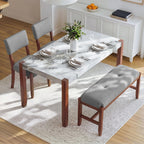 Merax 4 Piece Dining Table Set, Faux Marble Table and 2 Upholstered Chairs 1 Bench, 4 Person Dinette Set for Kitchen, Dining Room, Space-Saving, Gray