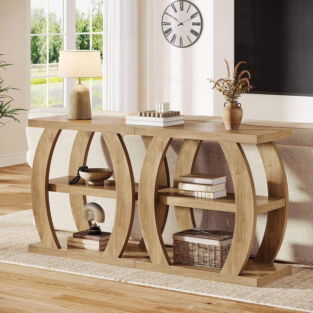 Tribesigns End Table for Living Room, 3-Tier Narrow Side Table with Storage, Farmhouse Wooden Beside Table with Geometric Frame, Tall Nightstand for Bedroom, Small Spaces, Natural Oak