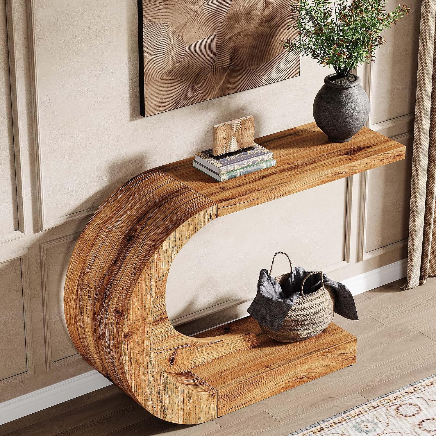 Tribesigns 43.3" Farmhouse Console Table for Entryway, Unique C-Shaped Rustic Sofa Table Behind Couch with Storage for Living Room, Hallway, Entry, Entrance, Foyer, Easy Assembly, Natural Brown
