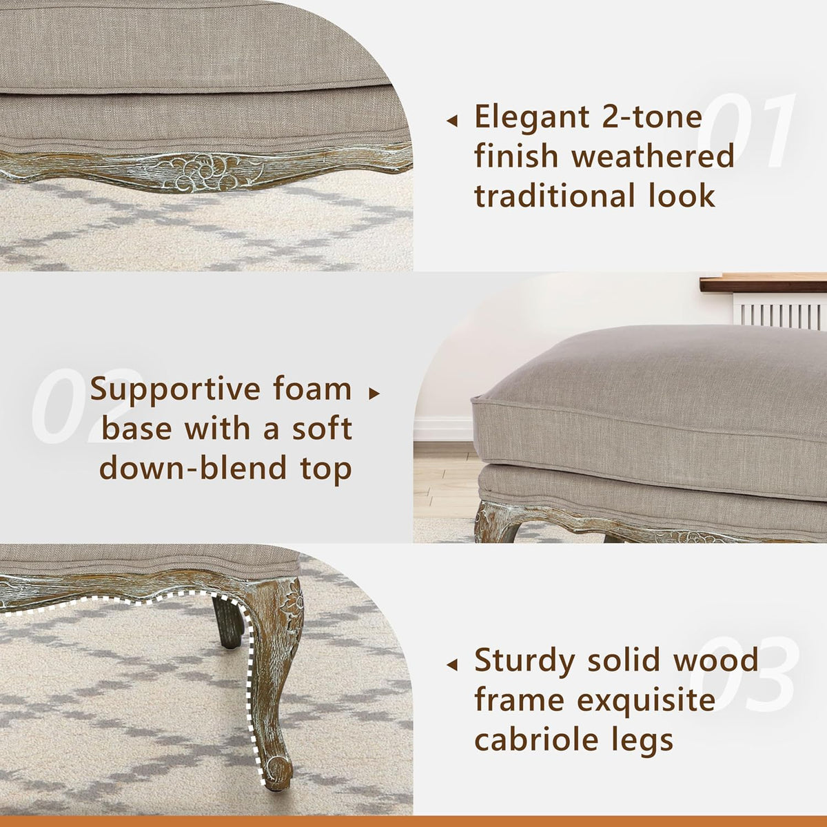 Lexicon Parlier Show Wood Ottoman - Rectangle Ottoman Pouf Foot Rest, Floral Motif, Solid Wood Frame, Feathered Down Filled Cushion, Fully Assembled, 32" L x 25.5" W x 20.5" H, Neutral