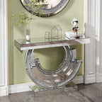 Silver Mirrored Console Table, 43" Modern Entryway Tables with Crushed Diamond lnlay, 3C-Shaped Luxury Mirrored Sofa Table Behind Couch Foyer Hallway Tables for Living Room Entrance