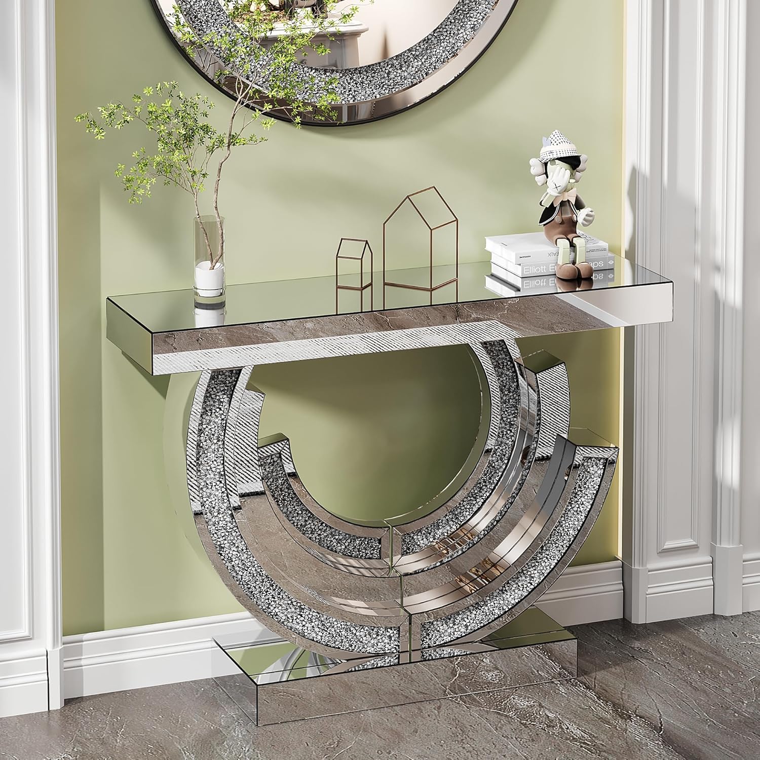 Silver Mirrored Console Table, 43" Modern Entryway Tables with Crushed Diamond lnlay, 3C-Shaped Luxury Mirrored Sofa Table Behind Couch Foyer Hallway Tables for Living Room Entrance