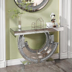 Silver Mirrored Console Table, 43" Modern Entryway Table with Crushed Diamond lnlay, 3C-Shaped Shiny Mirrored Sofa Table Behind Couch Foyer Hallway Tables for Living Room Entrance
