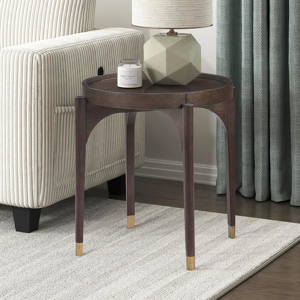 Lexicon Wood Round End Table with Gold Metal Cap, 36" Dia. Mid Century Modern Round Birch Wood Veneer Sofa Side Table for Contemporary Living Room, Easy Assembly, Dark Brown