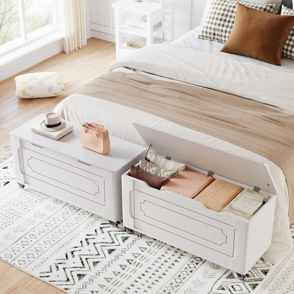 IDEALHOUSE Storage Chest, 39.4" Storage Bench Wooden Storage Trunk, White | Supports 350 lbs ＆ Safety Hinges, Lift-Top Entryway Bench, Shoe Bench for Entryway, Bedroom, Living Room, Modern Style