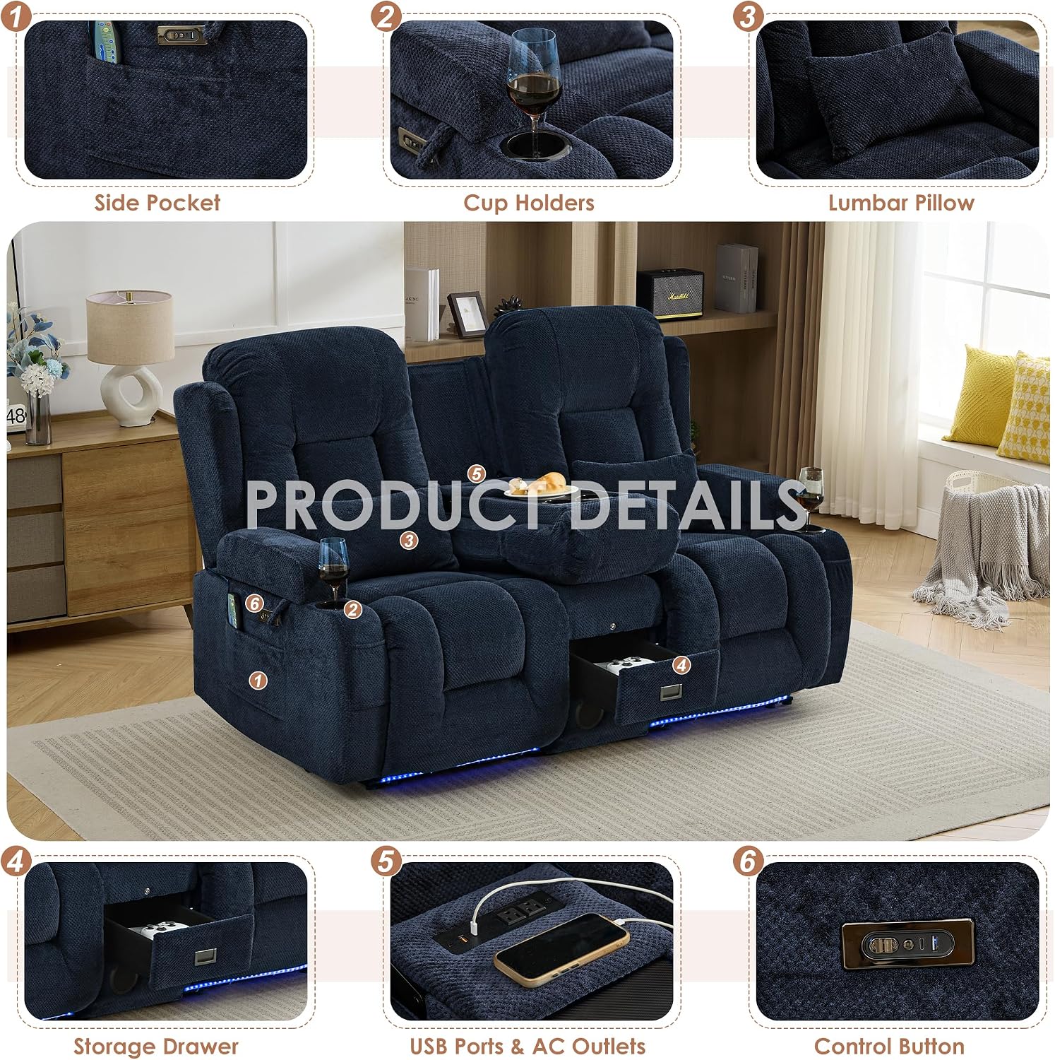 TUNYI Wall Hugger Power Loveseat Recliner - RV Reclining Loveseat with Console Theater Seating RV Recliner Sofa with USB/Outlet//Cup Holder/LED Light/Side Pocket (Dark Blue, Loveseat)
