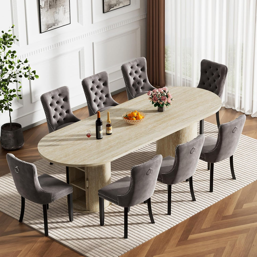 63"-94" Large Oval Extendable Dining Table for 6 8 10, Faux Travertine Expandable Kitchen Table with Fluted Cylindrical Storage Base, Modern Farmhouse Expanding Table for Dinner Party Family Gathering