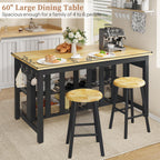 DynJest 60" Solid Rubberwood Kitchen Island with Power Outlets - Extra Large Work Surface, 3 Drawers & 2 Open Shelves Storage Cabinet for Kitchen Dining Room, Farmhouse Style (Black)