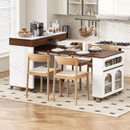 Extendable Dining Table with Extra-Long Folding Top, Rolling Kitchen Island with Storage Cabinet, Drawer, Glass Doors, Power Outlet and Brake Lock, Walnut/Creamy White