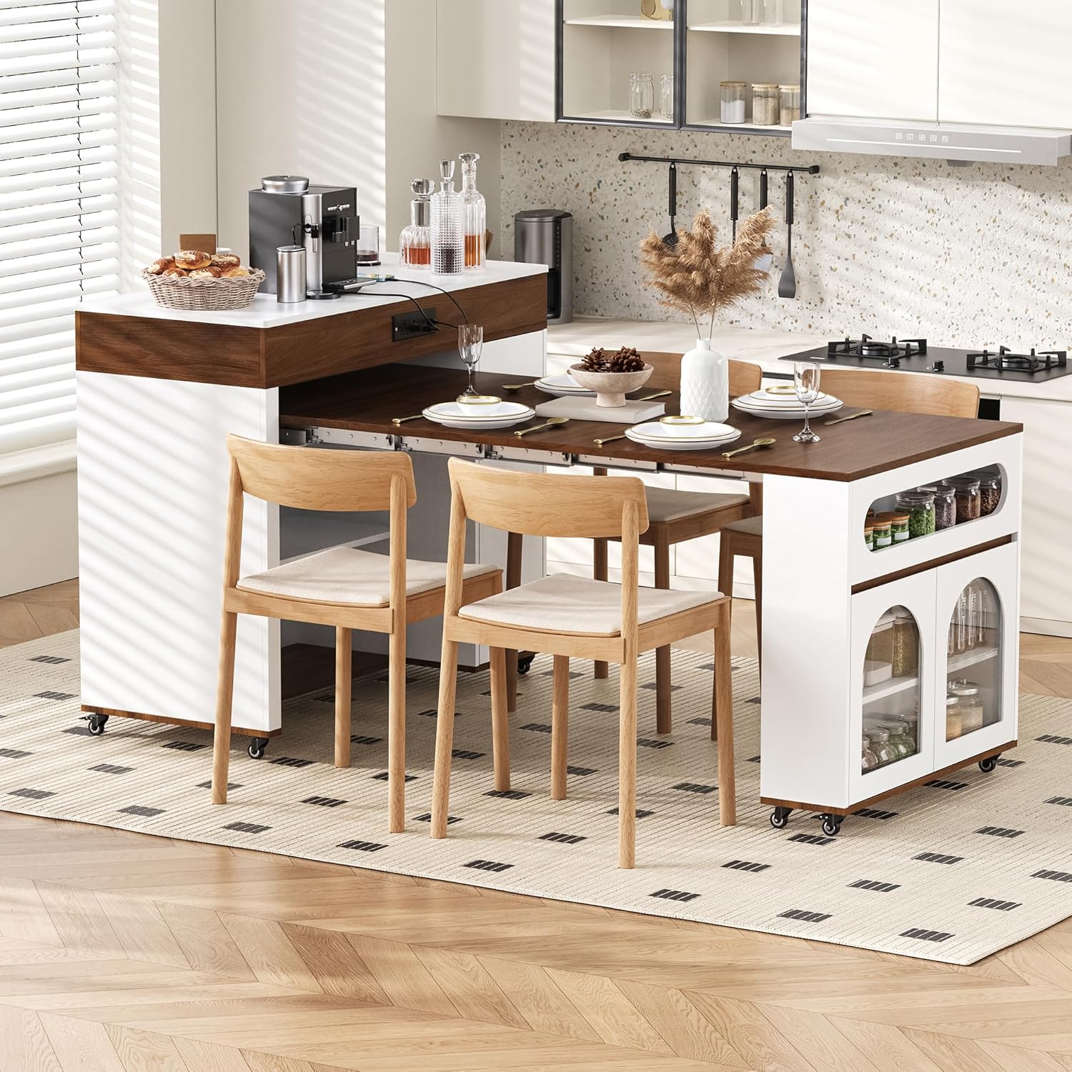 Extendable Dining Table with Extra-Long Folding Top, Rolling Kitchen Island with Storage Cabinet, Drawer, Glass Doors, Power Outlet and Brake Lock, Walnut/Creamy White