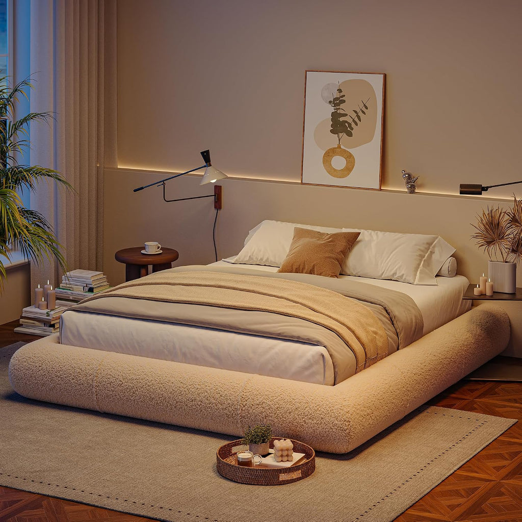 Homkdom Queen Boucle Platform Bed Frame with Anti-Collision Corners, Beige