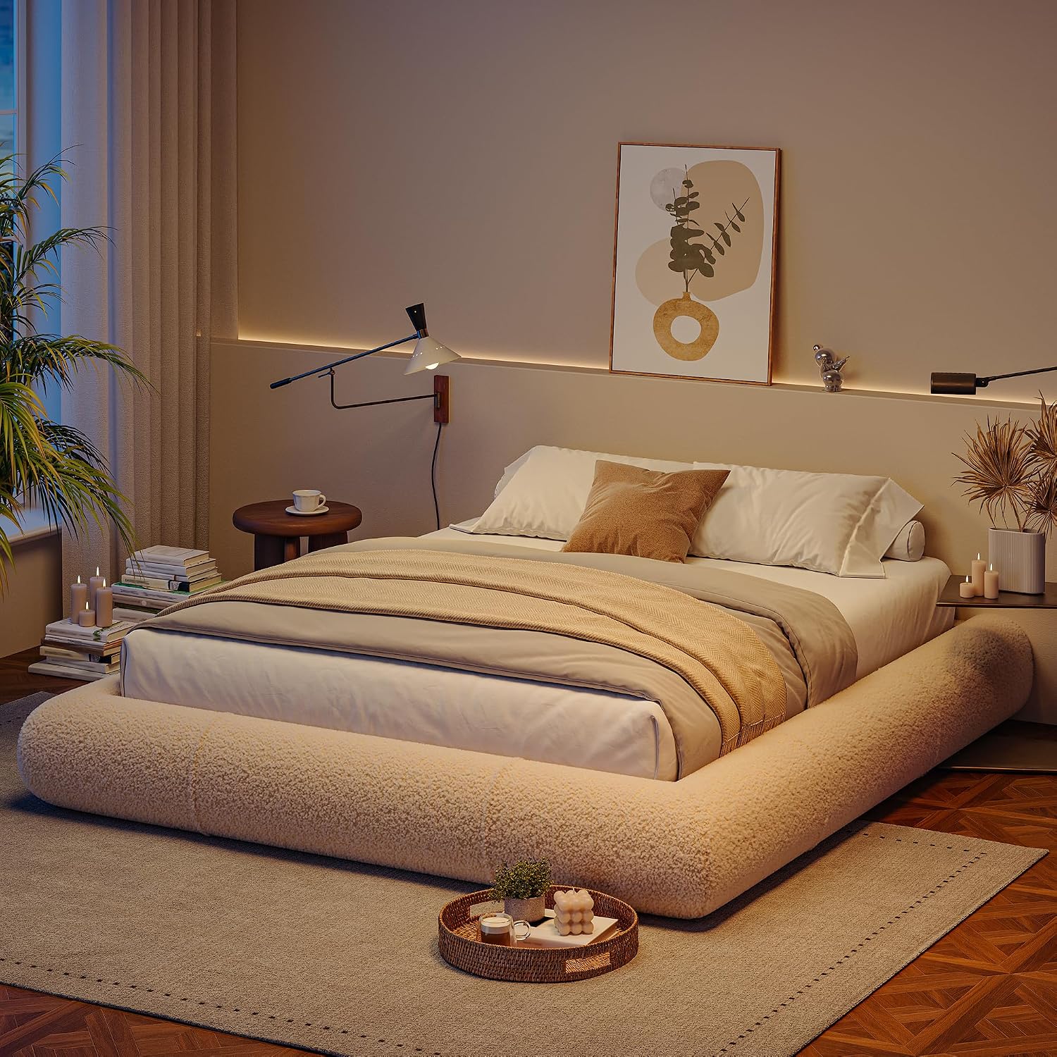 Homkdom Queen Boucle Platform Bed Frame with Anti-Collision Corners, Beige