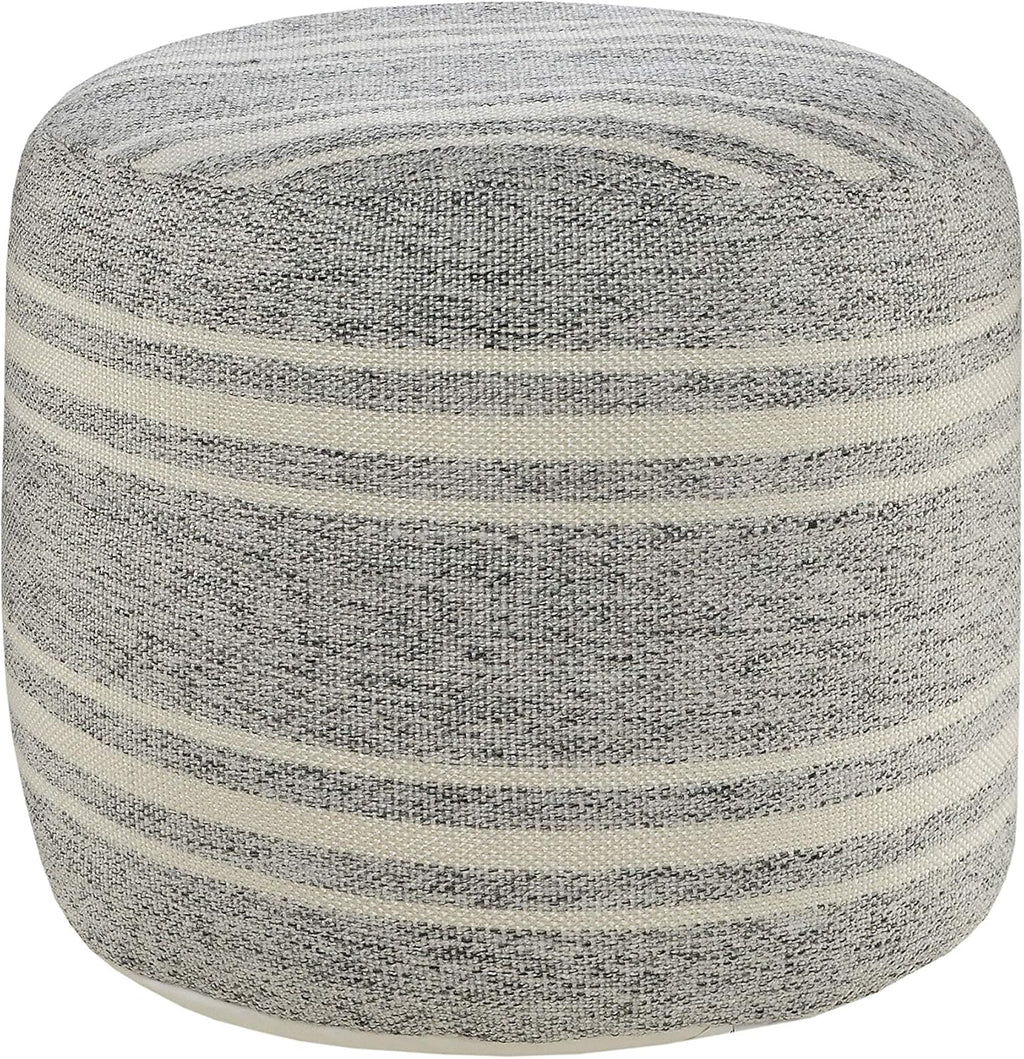 LR Home Ox Bay Farmhouse Triple Stripe Indoor Outdoor Pouf, Gray/White, 18" x 18" x 14"