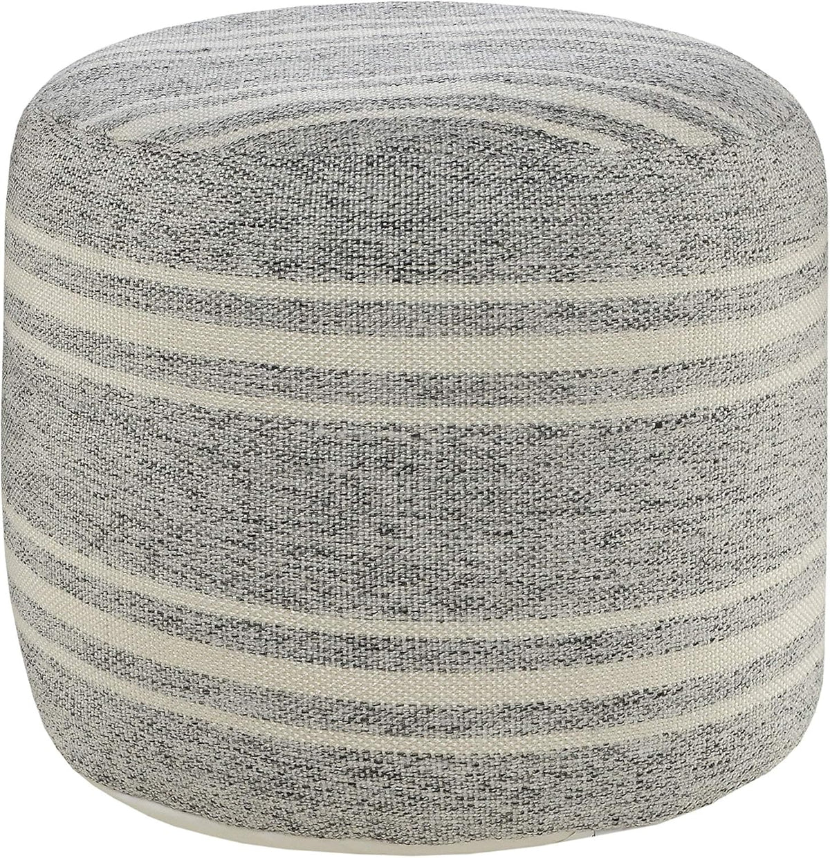 LR Home Ox Bay Farmhouse Triple Stripe Indoor Outdoor Pouf, Gray/White, 18" x 18" x 14"