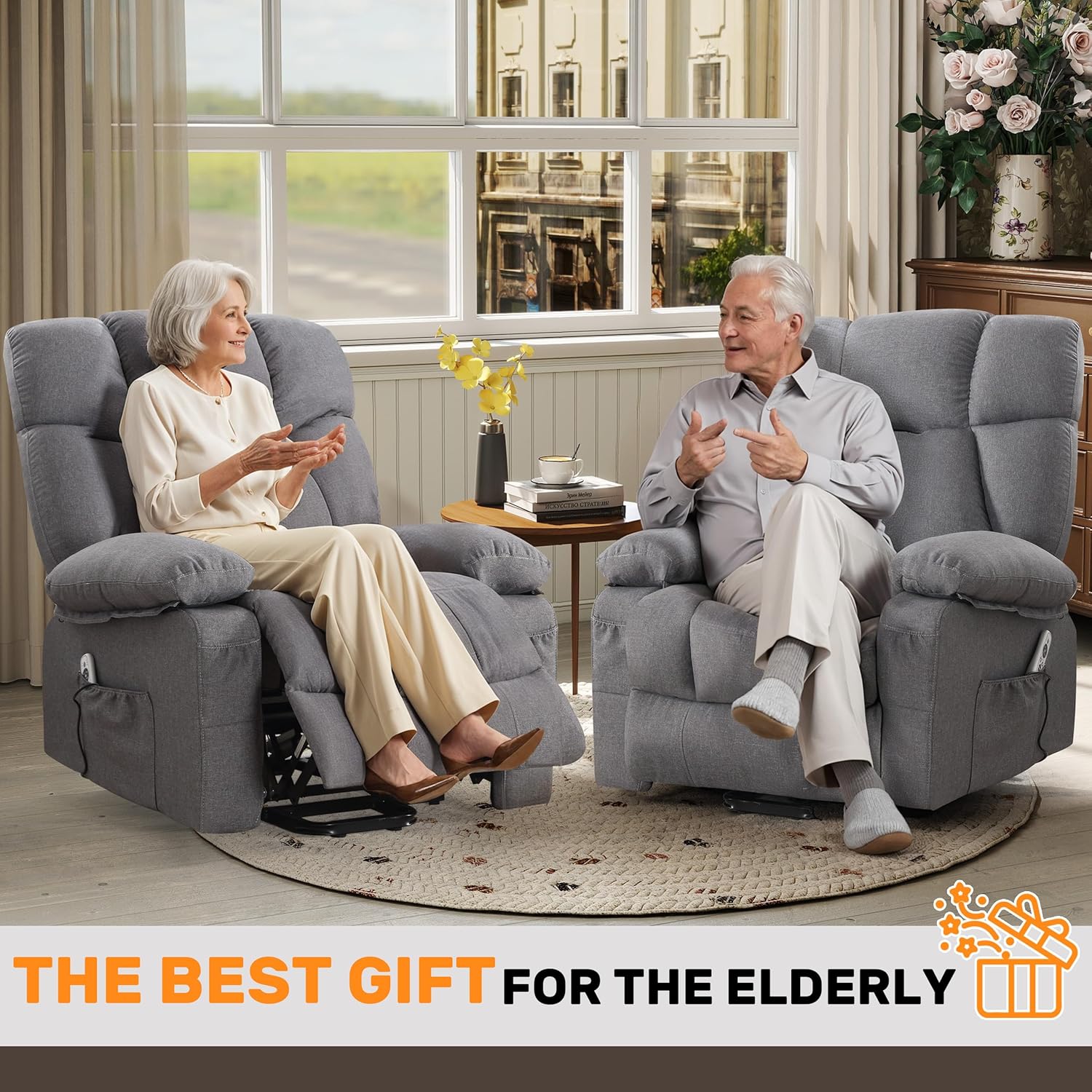 jonpony Power Lift Recliner Chair for Elderly, Big and Tall Lift Chair with Massage and Heat for Living Room, Fabric Electric Recliner Chairs with 4 Side Pockets, USB Charge Port, Grey