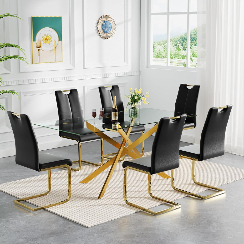 Henf Glass Dining Table Set for 6, 7 Piece Modern Kitchen Table and Chairs for 6,Gold Dining Room Table Set with 61" Glass Dinner Table & 6 Black Faux Leather Chairs for Small Space,Home, Apartment