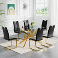 Henf Glass Dining Table Set for 6, 7 Piece Modern Kitchen Table and Chairs for 6,Gold Dining Room Table Set with 61" Glass Dinner Table & 6 Black Faux Leather Chairs for Small Space,Home, Apartment